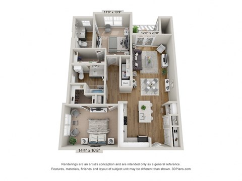 Floor plan for 2 beds, 2 baths, 1104 sqft
